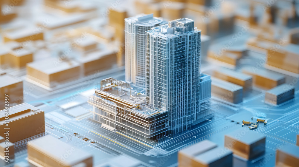 Poster futuristic skyscraper architectural model highlighting the fusion of smart city technology and urban