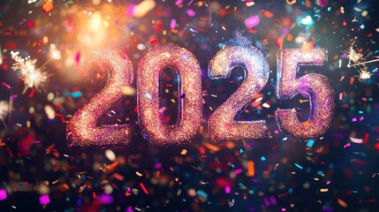 Animated "2025" text with falling confetti and fireworks for a vibrant New Yeara??s Eve celebration