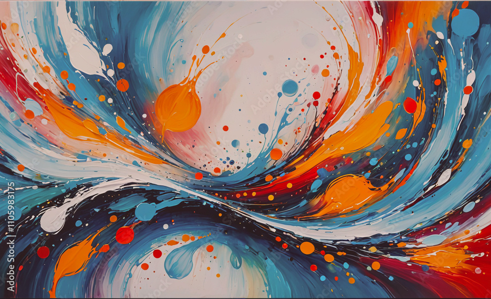 Poster painting with a blue and orange swirl. the swirl is made up of many different colors. there are also