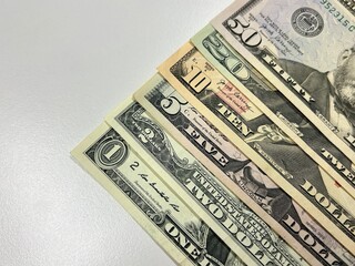 Dollar bills isolated on white background. Copy space