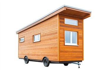 Tiny wooden house on wheels isolated on white