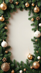 Elegant Christmas frame showcasing lush greenery and gold ornaments on a soft, inviting background.
