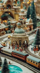 Fototapeta premium A whimsical Christmas train station display featuring podiums shaped like train platforms surrounded by toy trains and miniature travelers.