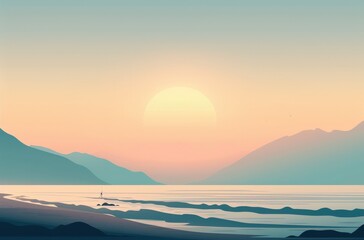 Obraz premium A serene sunset over calm mountains and ocean.