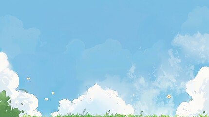 Blue Sky and White Clouds with Grass Background Image