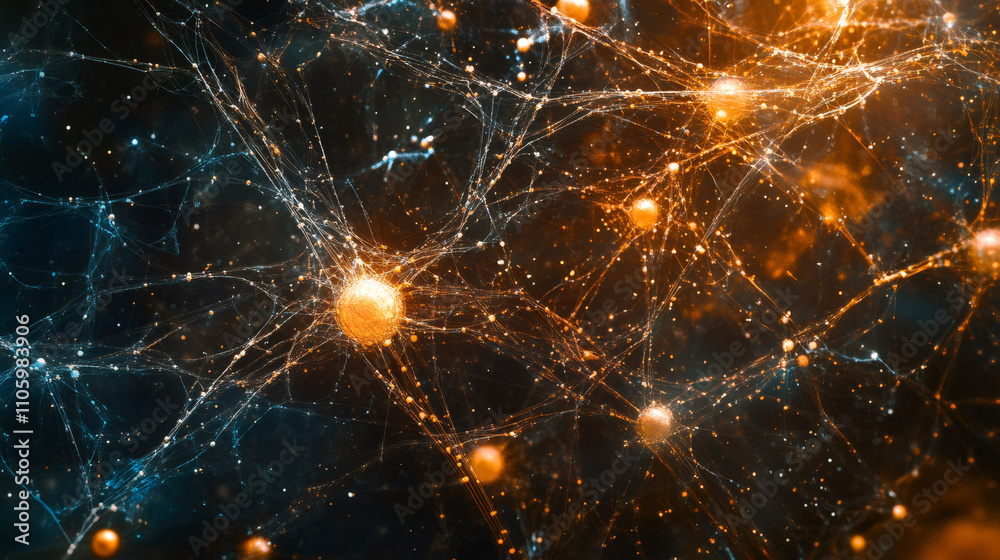 Poster neurons communicating through synapses, creating a intricate network reminiscent of a cosmic web of 