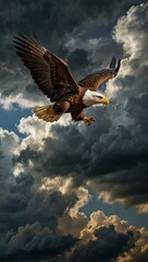 Obraz premium Eagle soaring through a dramatic sky, symbolizing strength.