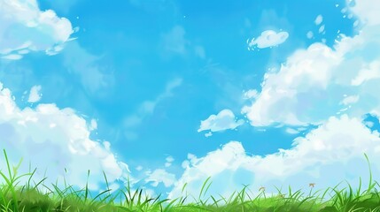 Fototapeta premium Blue Sky and White Clouds with Grass Background Image
