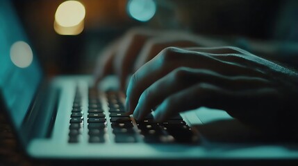 Nighttime Laptop Typing Closeup Hands on Keyboard Digital Work Online Activity