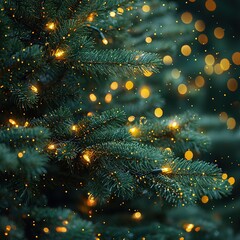 Close-up of fir branch with dew and lights in background. Christmas concept