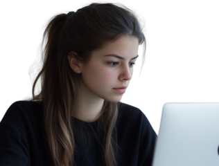 Spanish Student Focused and Looking Computer.   Focused student, studying online.  Studying at home.  Young woman learning, using technology. Young professional working.