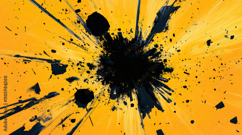 Poster dynamic and visually striking contrast: abstract explosion of black ink on vibrant yellow backdrop