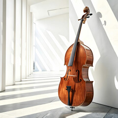 A double bass with warm wood tones, standing tall, producing deep,