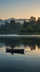 Obraz premium Early morning view of a calm blue lake with ducks and a boat.