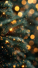 Close-up of fir branch with dew and lights in background. Christmas concept