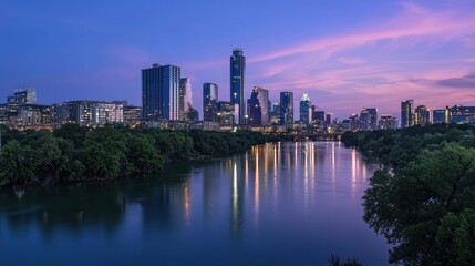 Obraz premium A city skyline glows under the soft light of dusk illuminating the vibrant life of the urban environment