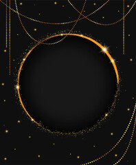 Abstract holiday dark background with shining round frame, shining beads garland and golden stars