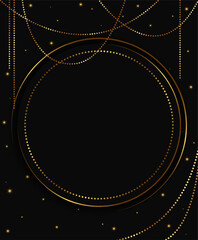 Abstract holiday dark background with shining round frame, shining beads garland and golden stars