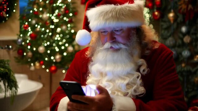 Santa Claus doom scrolling on his phone while sitting in a decorated bathroom, surrounded by festive Christmas decor, blending holiday charm with modern technology. Video made using Generative AI
