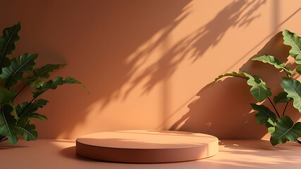 Obraz premium Minimal podium on a background with leaf shadows perfect for elegant product presentations