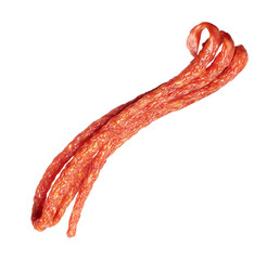 Long thin dry smoked pork sausages on a white background