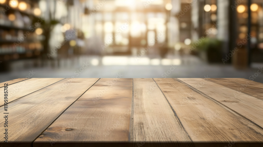 Aufkleber Wooden table creating a perfect setting for product display, highlighting its texture in a modern café setting