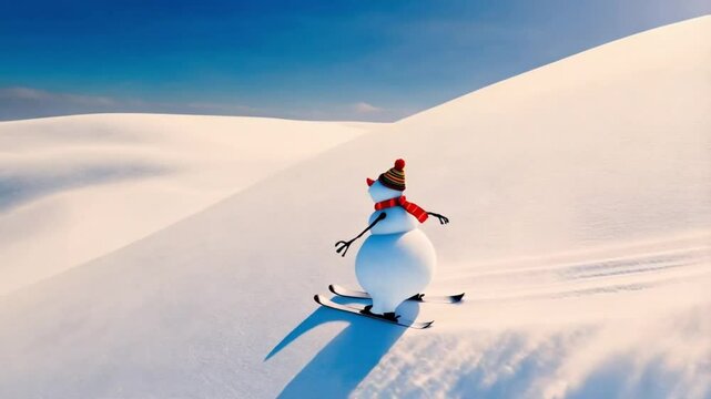 Ski winter vacation holidays concept. Snowman enjoying winter sports, skiing down a snowy slope in a cheerful holiday scene. Video made using Generative AI