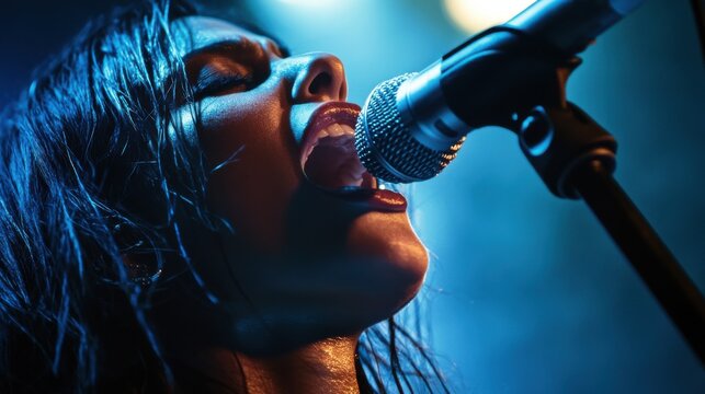 Passionate Female Singer, Live Performance, Microphone, Blue Lighting, Stage, Concert, Music, Powerf - Powered by Adobe