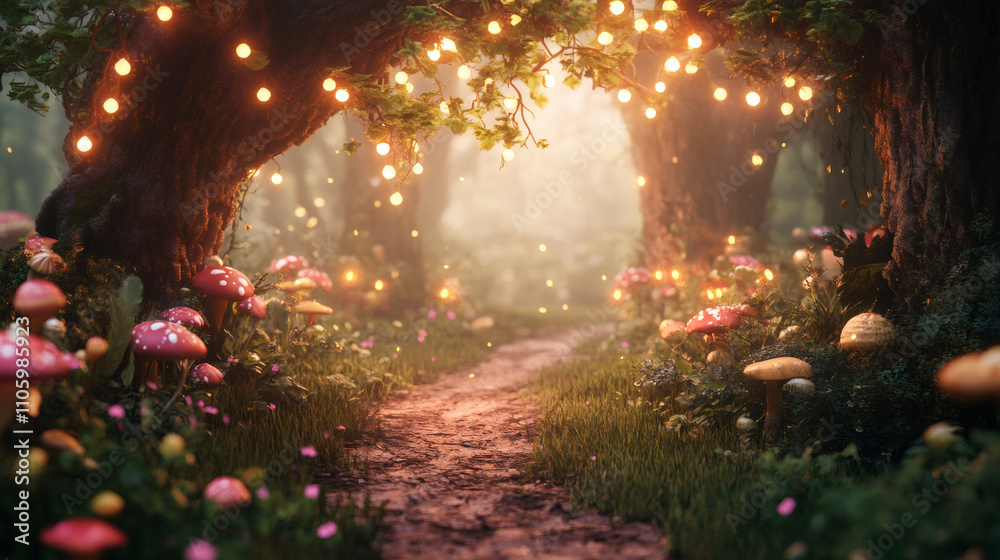 Poster enchanting fairytale scene: glowing string lights, mushrooms, and fireflies in a magical forest path