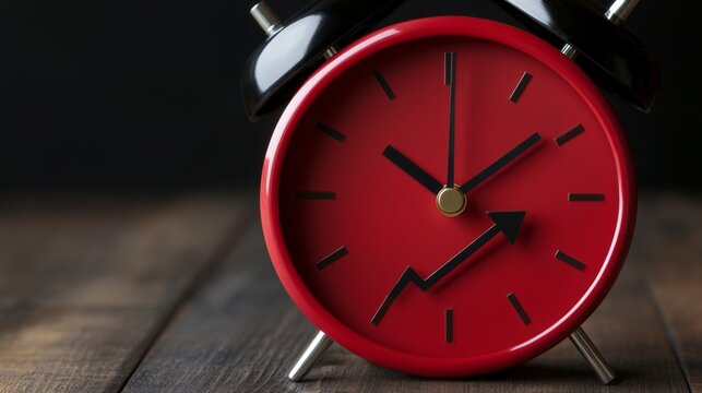 Red Alarm Clock with Downward Arrow and Interest Rate Symbol