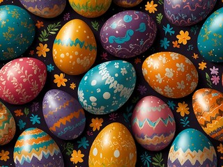 Fototapeta premium Easter seamless pattern with colorful eggs and festive elements.