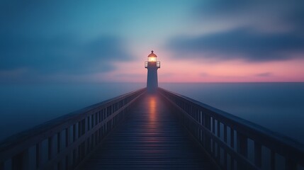 Lighted Lighthouse at Dusk on a Misty Ocean Pier