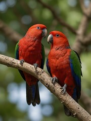 Eclectus parrots perched side by side.