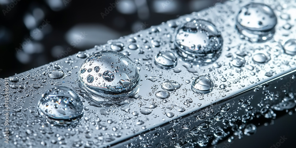 Poster close up of bathtub faucet with water droplets reflecting light, creating shiny and textured surface