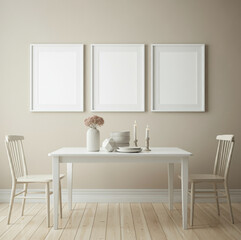 Minimalist dining room with white table, elegant decor, and beige wall.