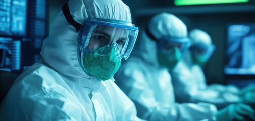 Scientists in protective suits working with advanced technology in a laboratory environment.