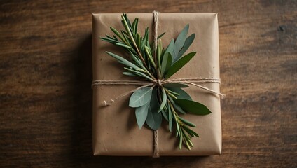 Eco-friendly gift with eucalyptus and rosemary sprigs.