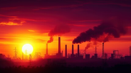 A dramatic sunset contrasts with smoke stacks, capitalism highlighting the intersection of nature and industrialization.