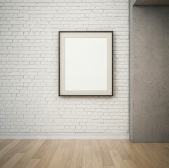 Brick wall with black framed art and wooden floor in modern space.