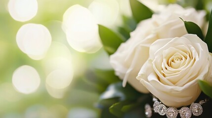 Elegant White Roses Bouquet, Wedding Floral Arrangement, Diamond Jewelry