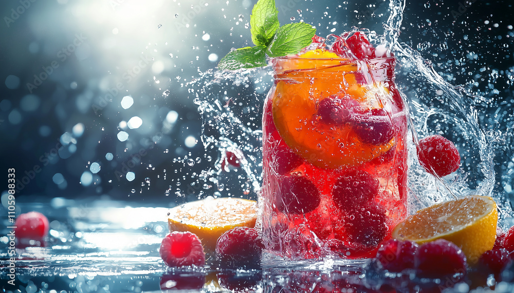Poster vibrant splash of refreshing fruit infused water with raspberries, orange slices, and mint leaves, c