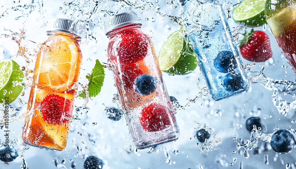 Poster vibrant splash of sports drinks with fresh fruits like berries and citrus, creating refreshing and e
