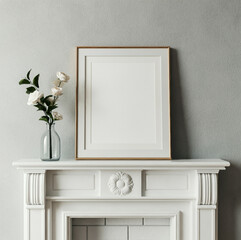 Fireplace with white frame art, flower vase, and classic white decor setup.