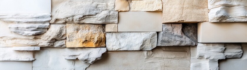 Textured stone wall featuring various shapes and colors for architectural design.