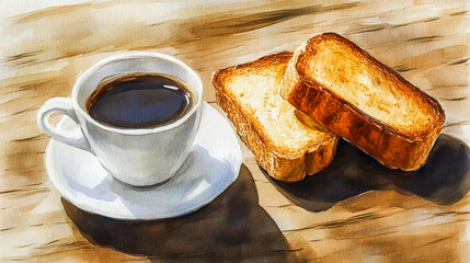 Illustration of coffee and toast, hand-drawn, on a wooden table, in a watercolor style, high resolution