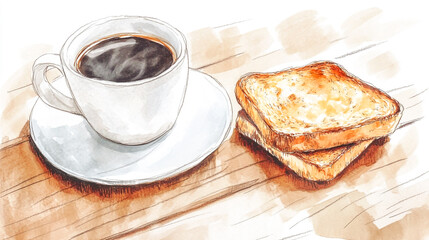 Illustration of coffee and toast, hand-drawn, on a wooden table, in a watercolor style, high resolution
