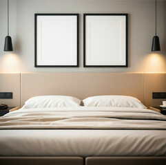 Modern bedroom with twin black frames, beige headboard, and cozy lighting.