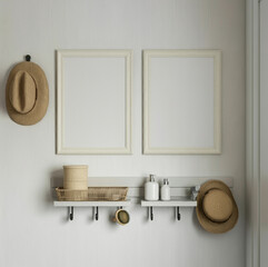 Bright entryway with hats, hooks, and neutral framed art decor.