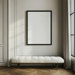 Elegant seating area with white tufted bench, black frame wall art, and natural light.
