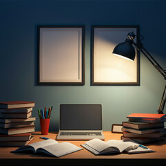 Night study desk setup with books, laptop, and framed wall art under desk lamp lighting.